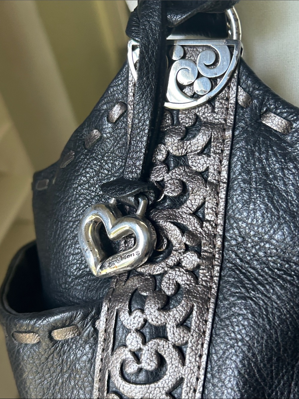 Brighton Black Leather Shoulder Bag with Brown Trim and Heart Charm - Picture 2 of 14